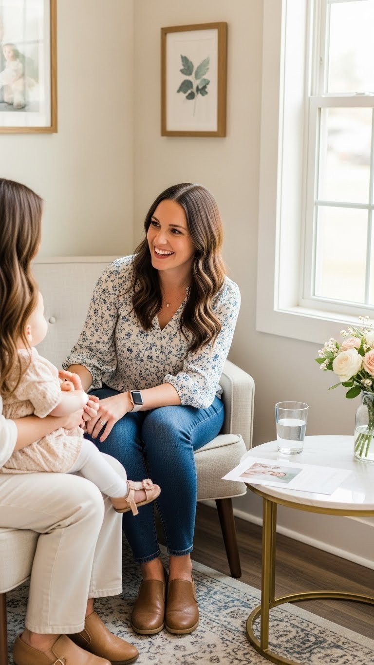 Female photographer having warm reassuring conversation with client before Valentine's mini session in studio