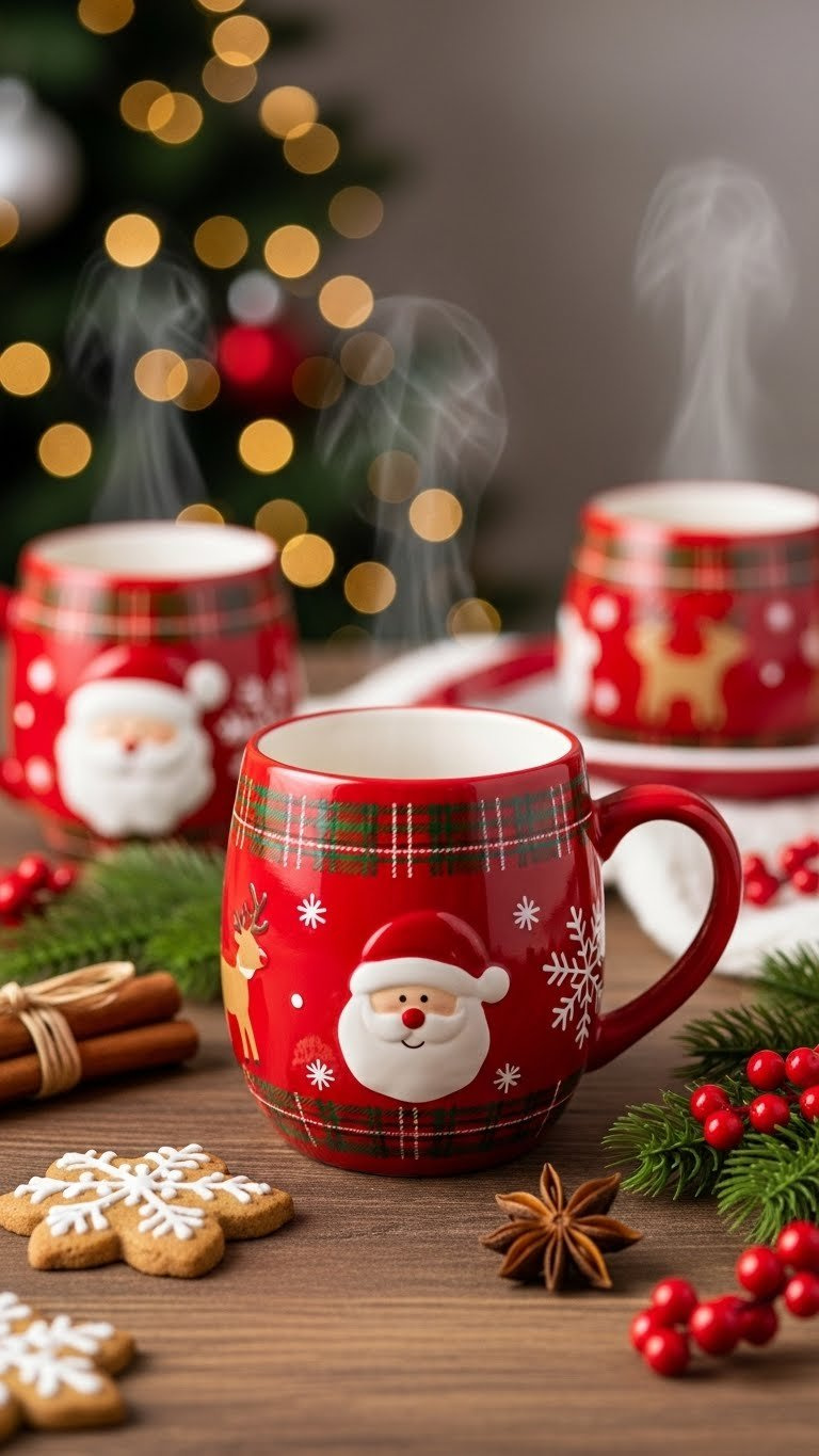 Festive Christmas red painted coffee mug with Santa Claus designs on rustic table with holiday decorations