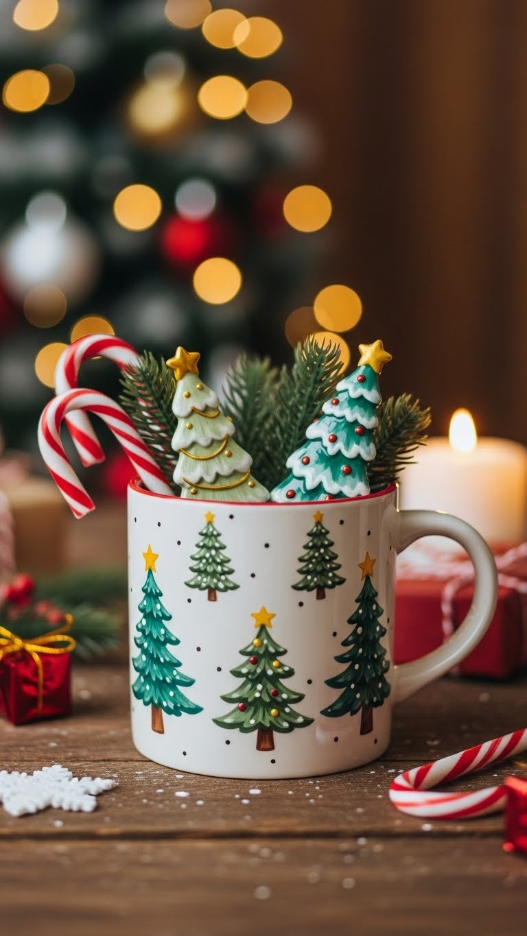 Festive Christmas tree mug with holiday decorations and ornaments
