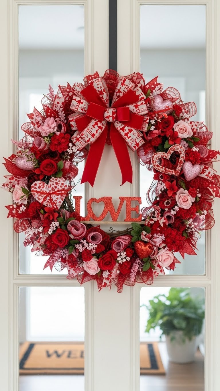 Festive DIY Valentine's wreath with flowers and ribbons hanging on softly blurred door background