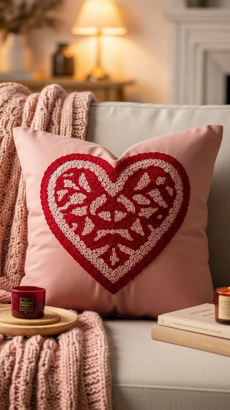 Festive embroidered heart pillow with machine-stitched red heart design on plush cream fabric displayed on cozy linen sofa.