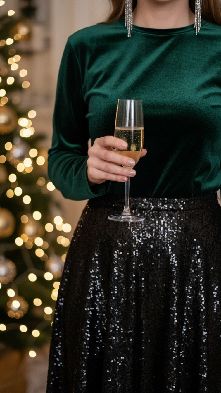 Festive forest green velvet top with black sequin skirt sparkling under holiday party lighting