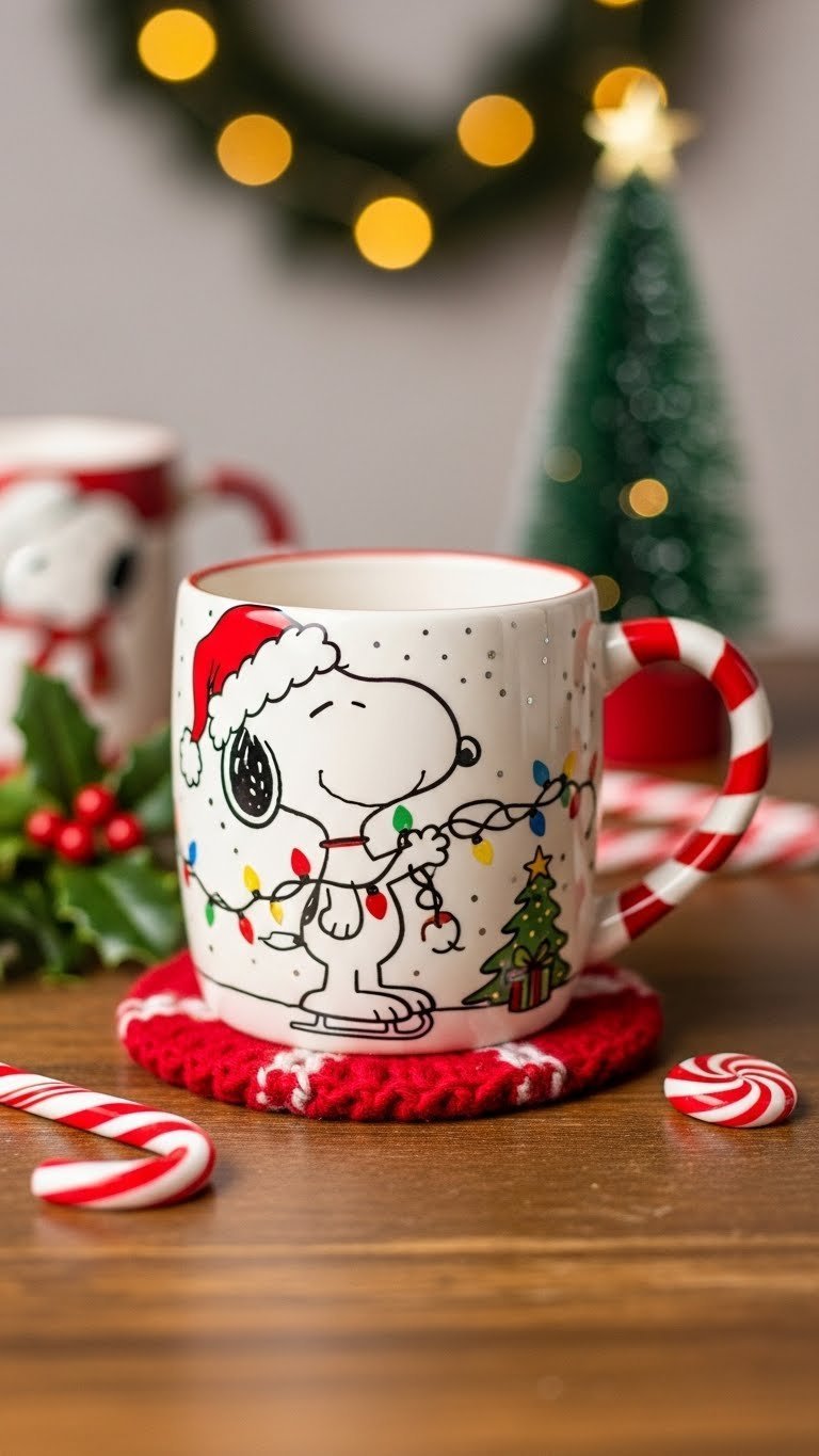 Festive holiday-themed Snoopy ceramic mug with Santa hat on rustic wooden table against gently blurred Christmas decoration background.