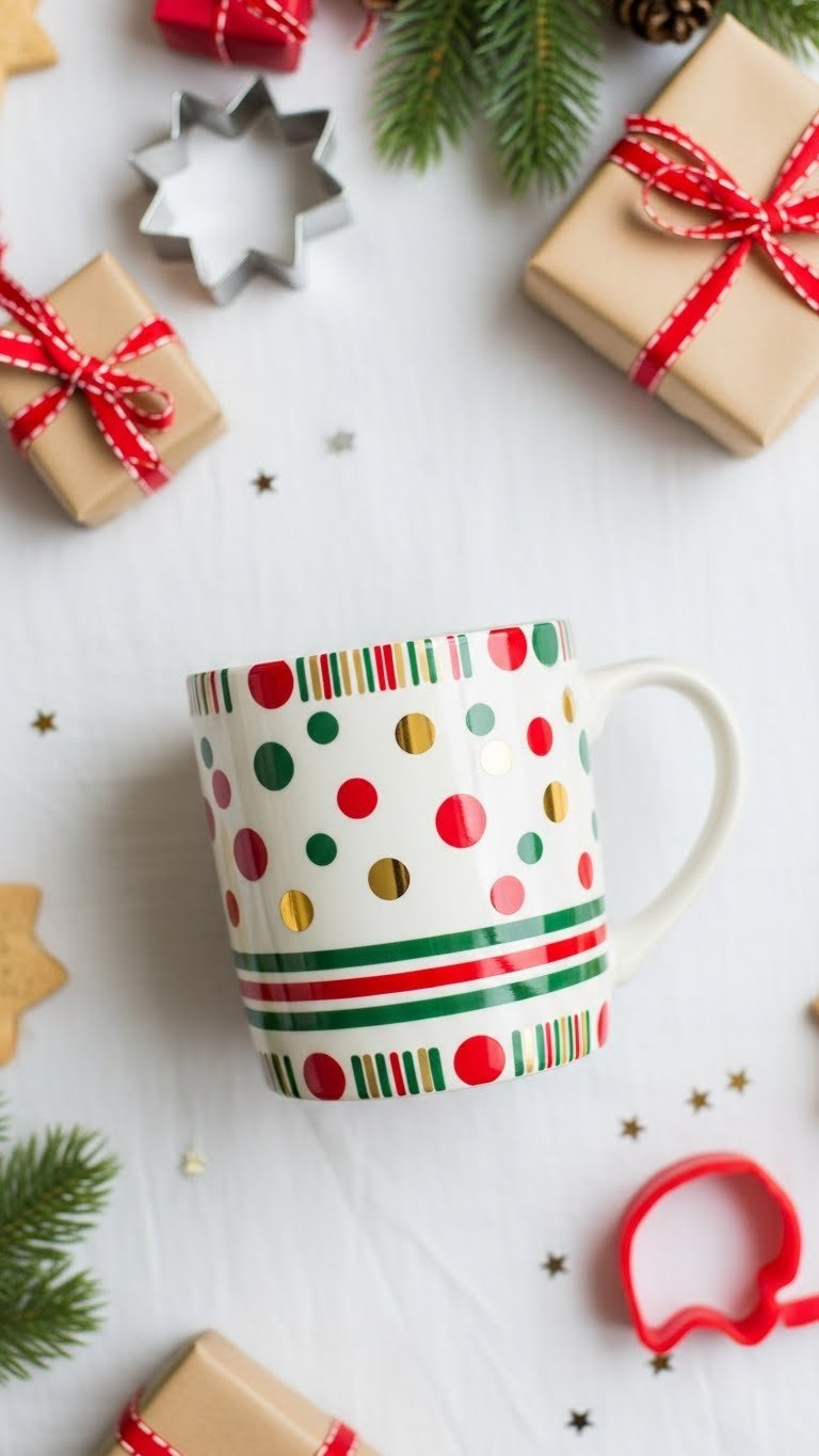 Festive polka dot and stripes ceramic mug in red, green and gold colors arranged on white linen tablecloth with holiday decor.