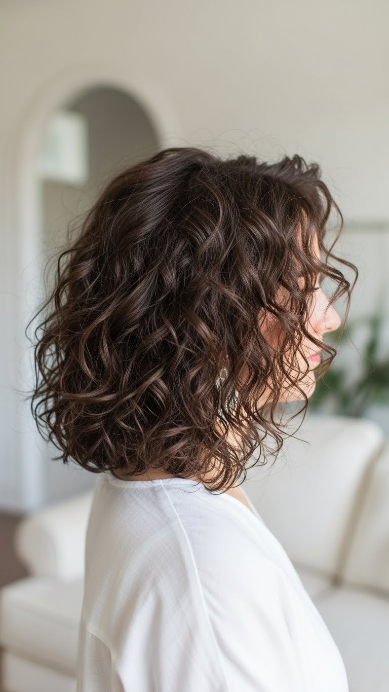 Fine medium length curly hair with abundant volume and defined layers showcasing lift at the roots against a soft linen background.