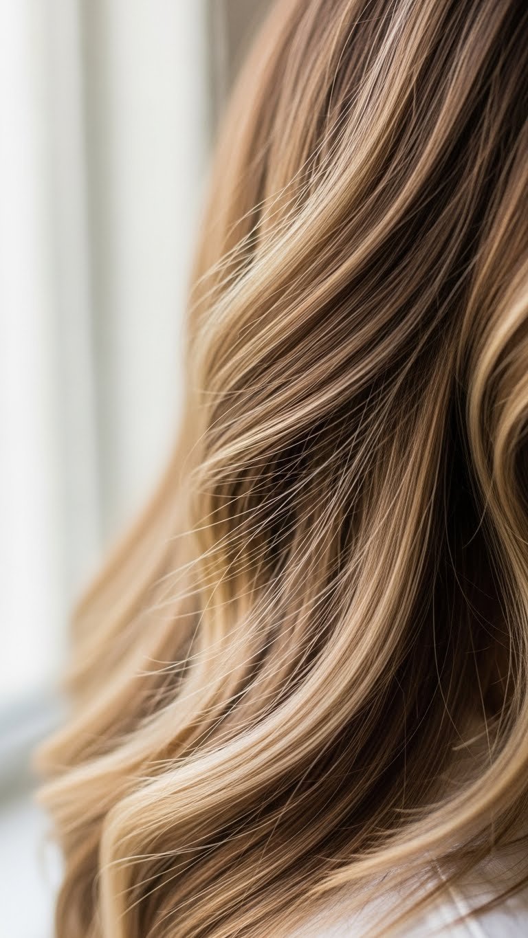 Finely detailed hair with subtle individual strands and delicate highlights against neutral backdrop