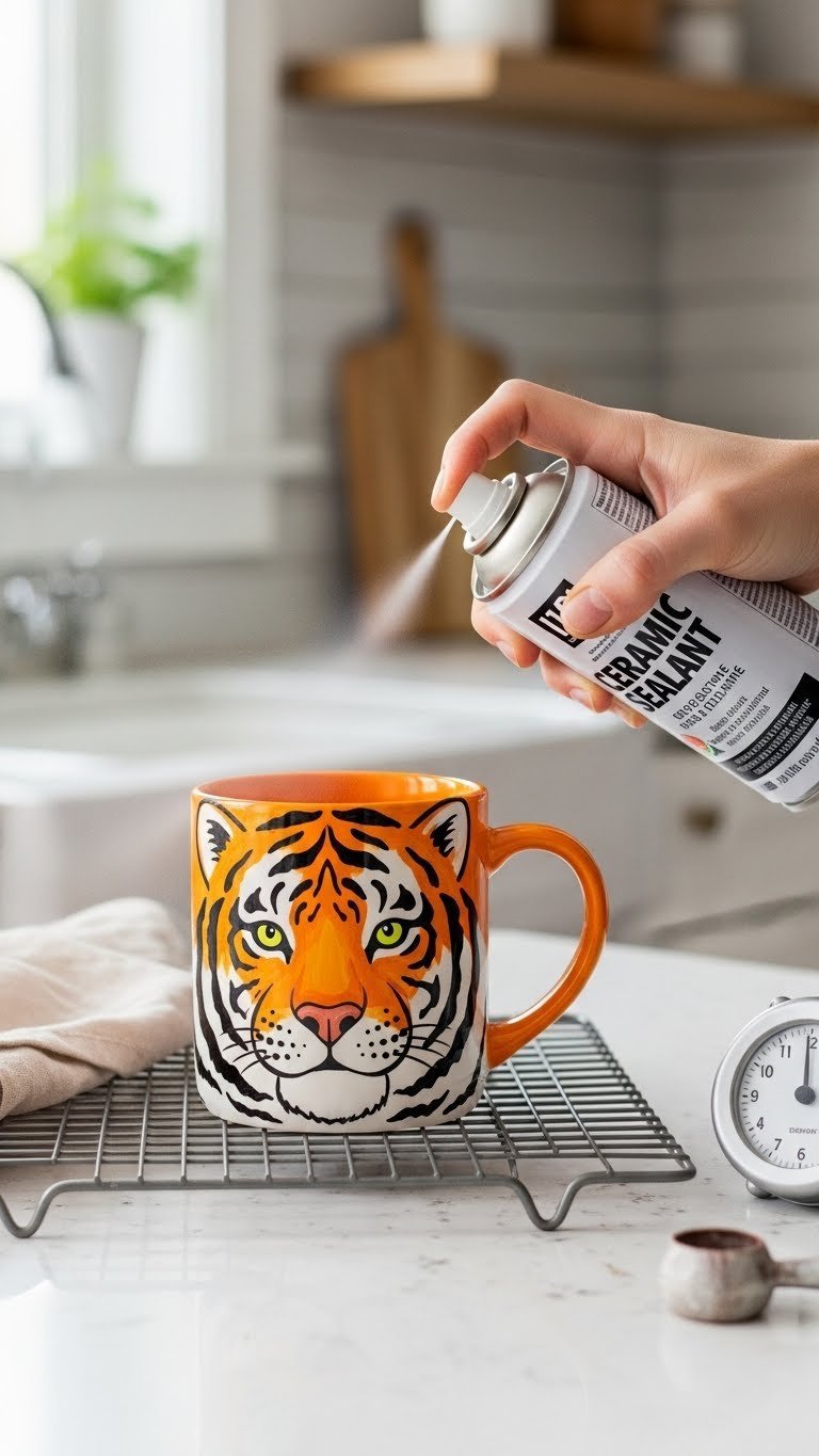 Finished tiger-painted mug cooling on wire rack after sealing process with ceramic sealant can visible