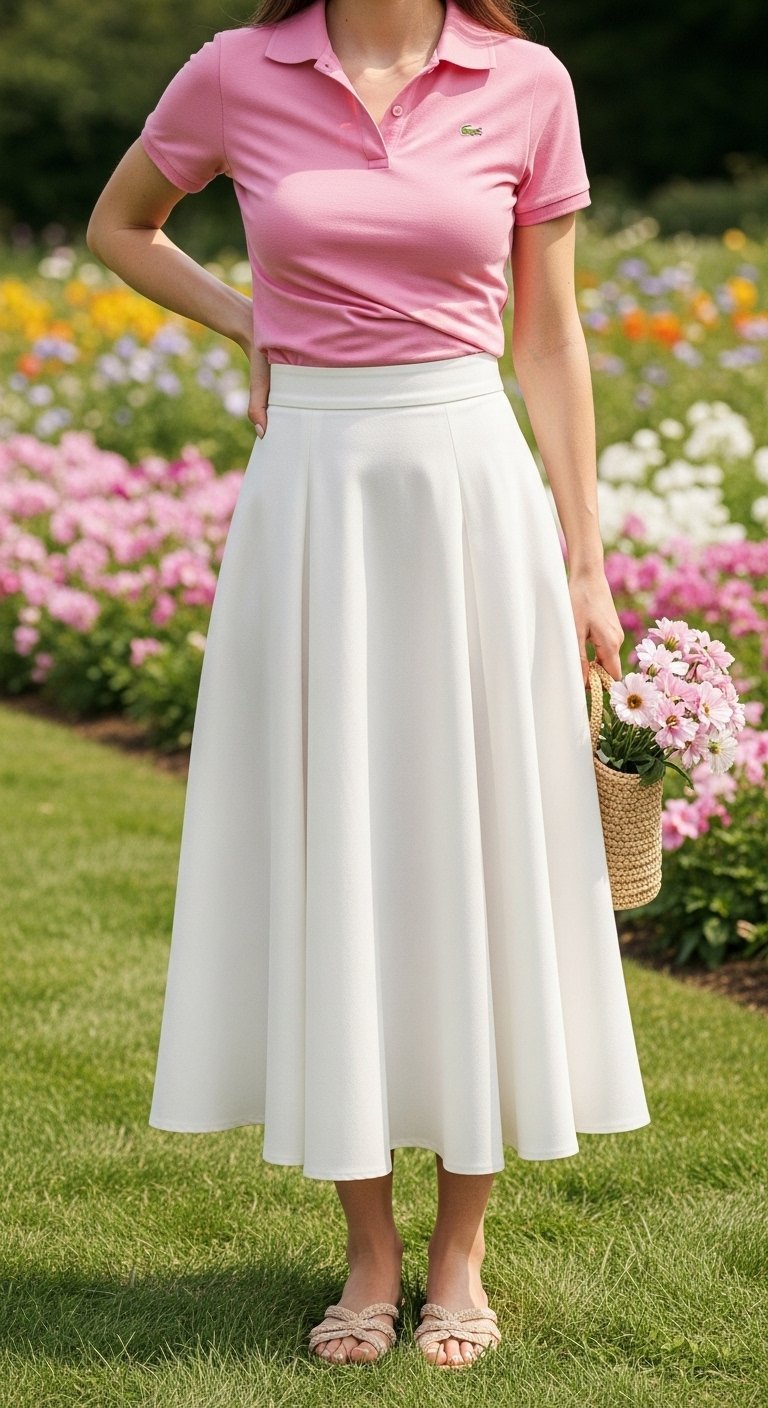 Fitted baby pink polo shirt tucked into white A-line midi skirt with straw bag in soft garden floral setting