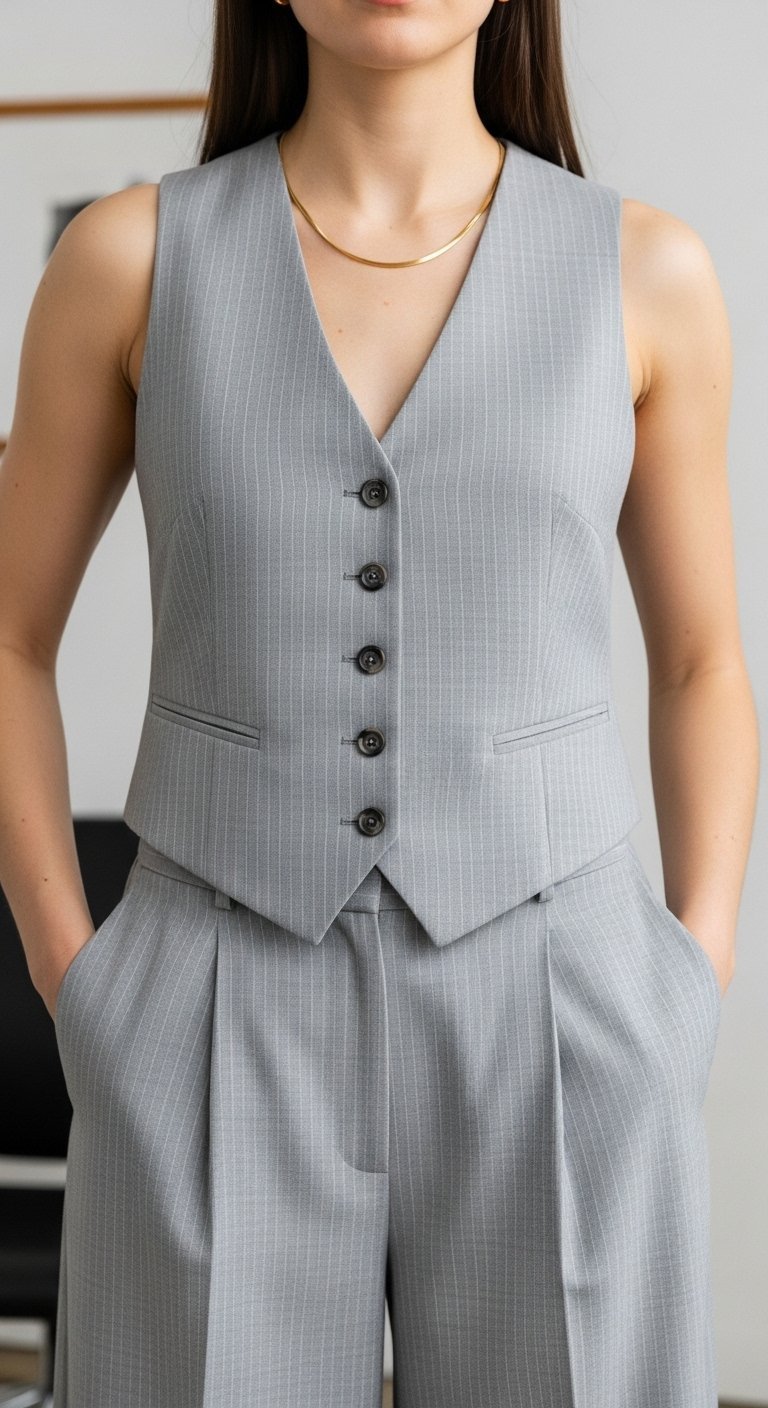 Fitted grey pinstripe tailored waistcoat worn as top with matching trousers in clean studio setting