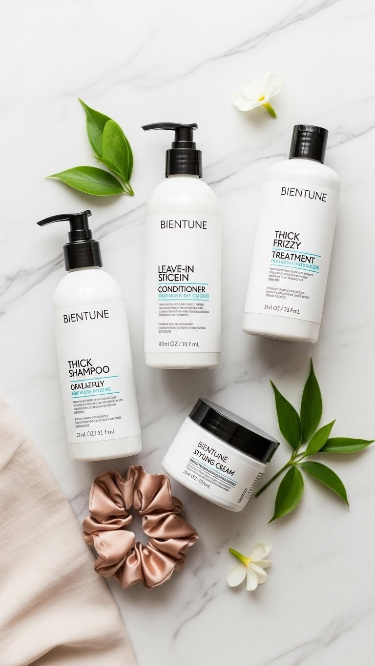 Flat lay arrangement of high-quality hair products for thick hair on marble surface with minimalist aesthetic styling.