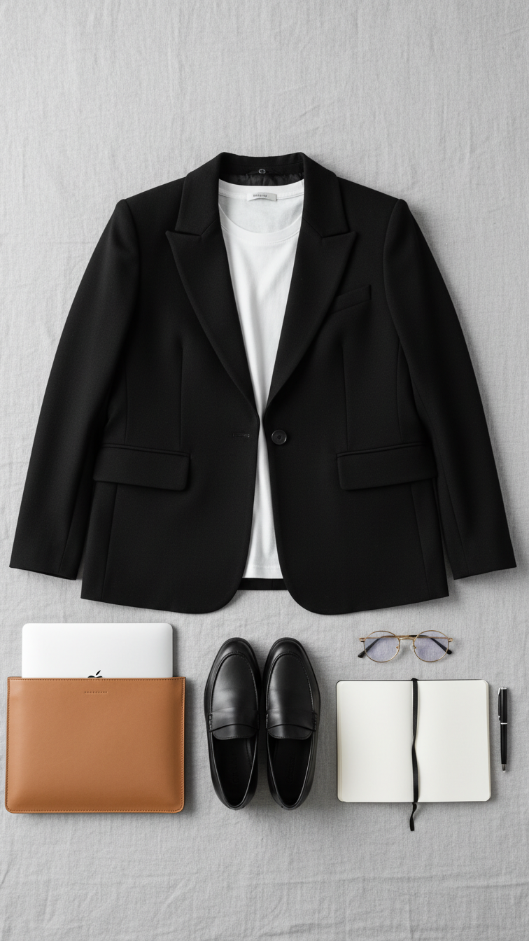 Flat lay of black blazer over white tee with loafers and laptop sleeve on gray linen background.