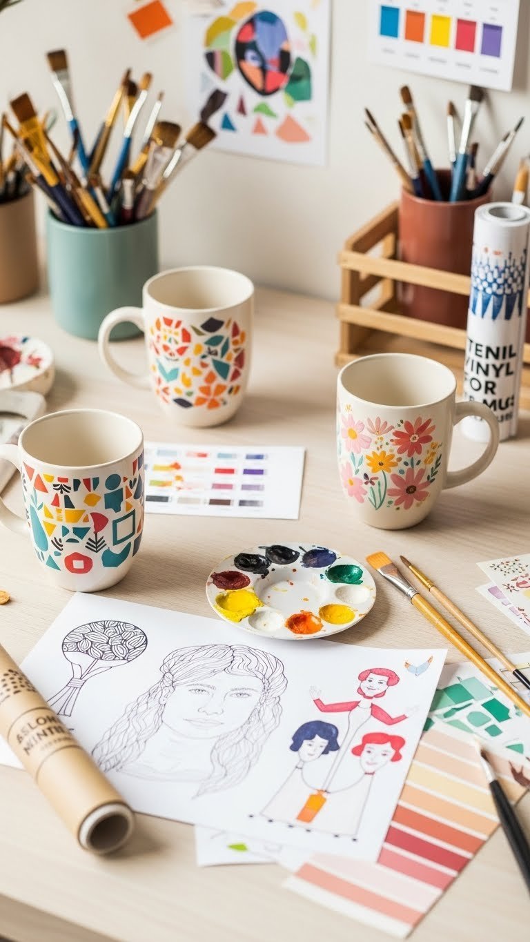 Flat lay of partially completed DIY painted mugs with sketches and paint swatches for design inspiration