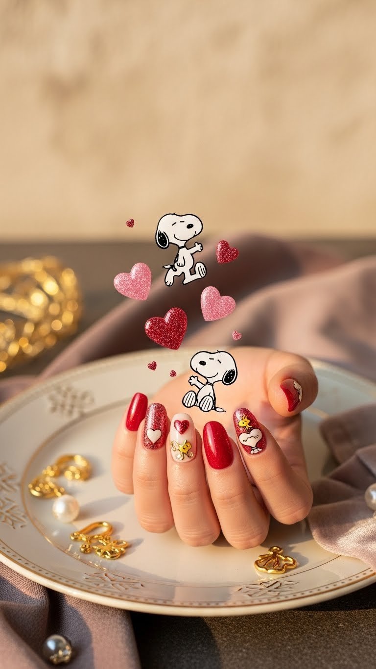 Floating Snoopy heart glitter nail art with pink background and golden hour lighting on ceramic plate