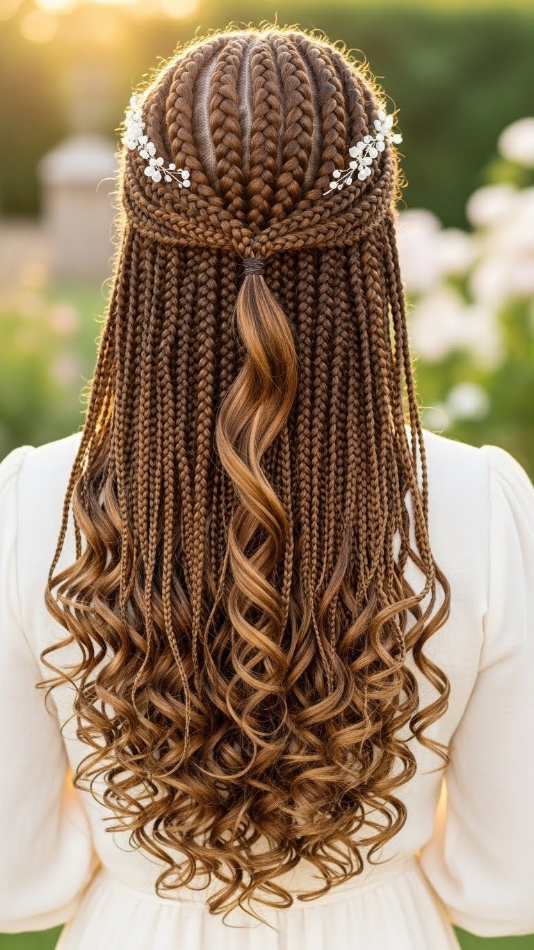 Flowing goddess braids with defined curly ends and human hair integration in golden hour garden setting