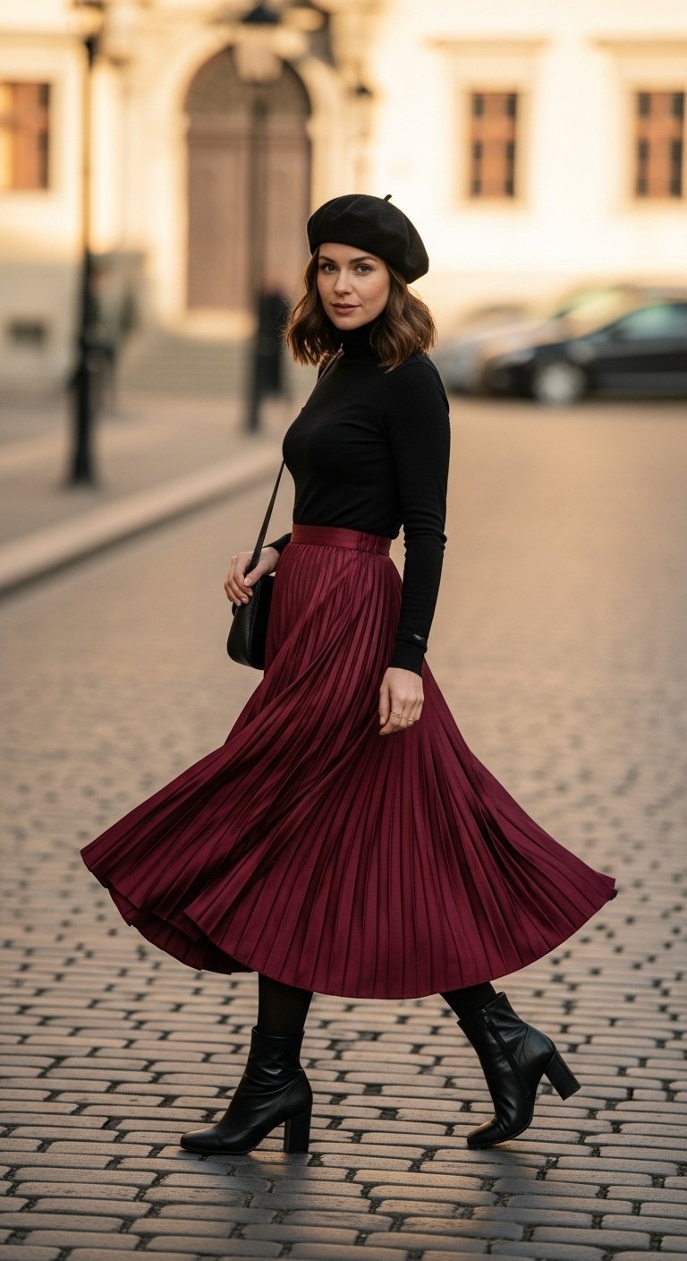Flowy burgundy pleated satin midi skirt with black turtleneck walking down historic cobblestone street