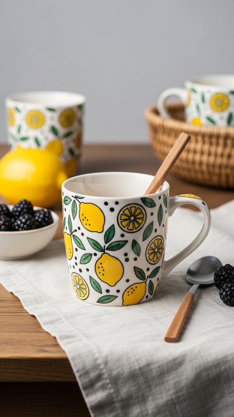Folk art-inspired ceramic mug with playful repeating lemon patterns in cheerful yellow and earthy green colors