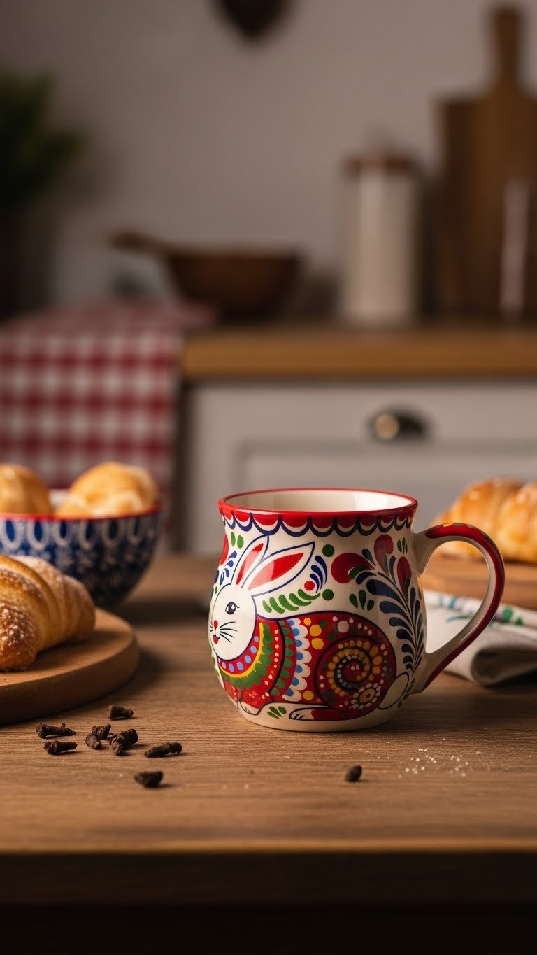 Folk art inspired colorful bunny painted ceramic mug with vibrant patterns on rustic wooden kitchen table