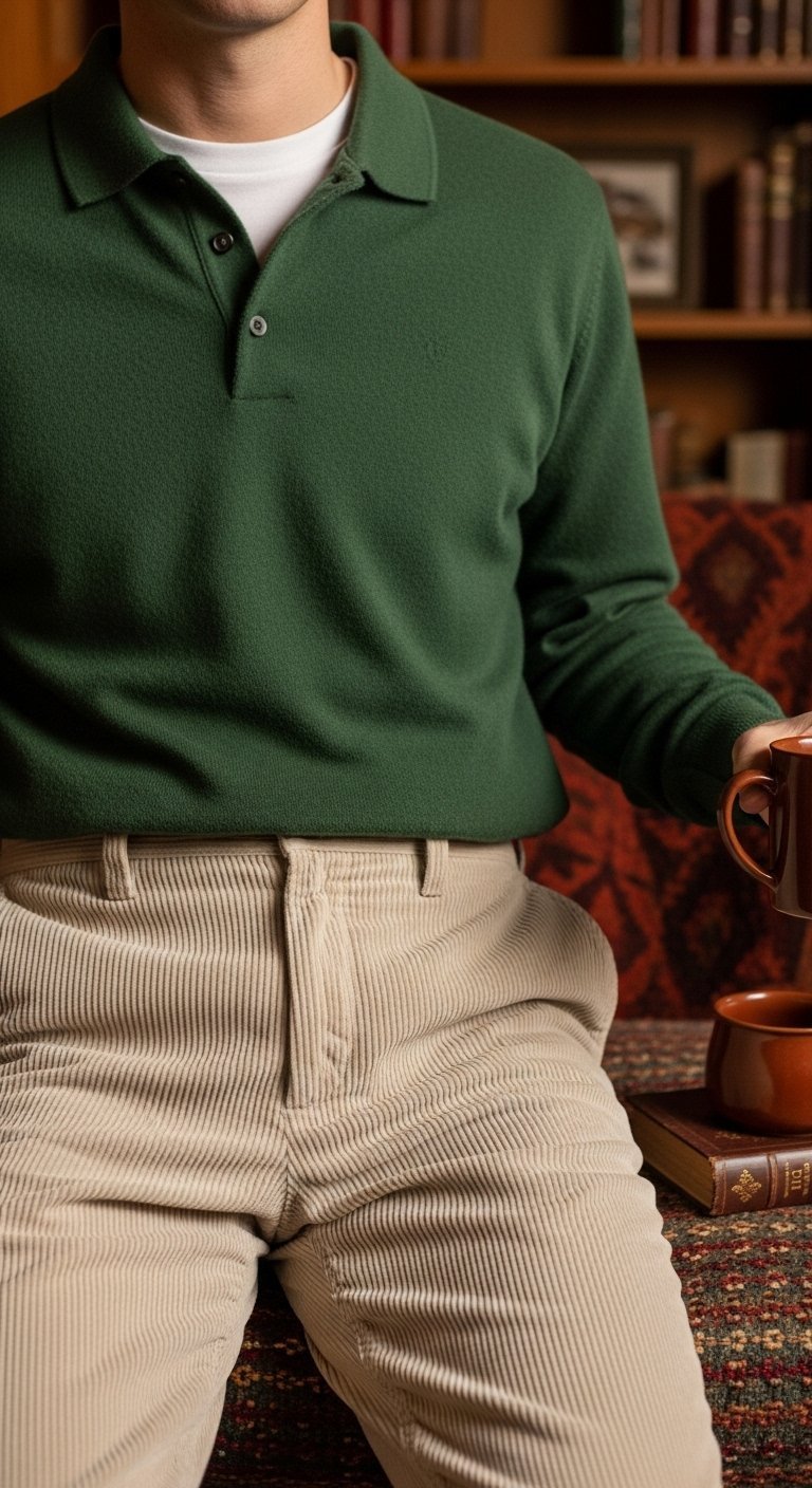 Forest green merino wool polo shirt layered over white tee with beige corduroy pants in rustic cabin library setting