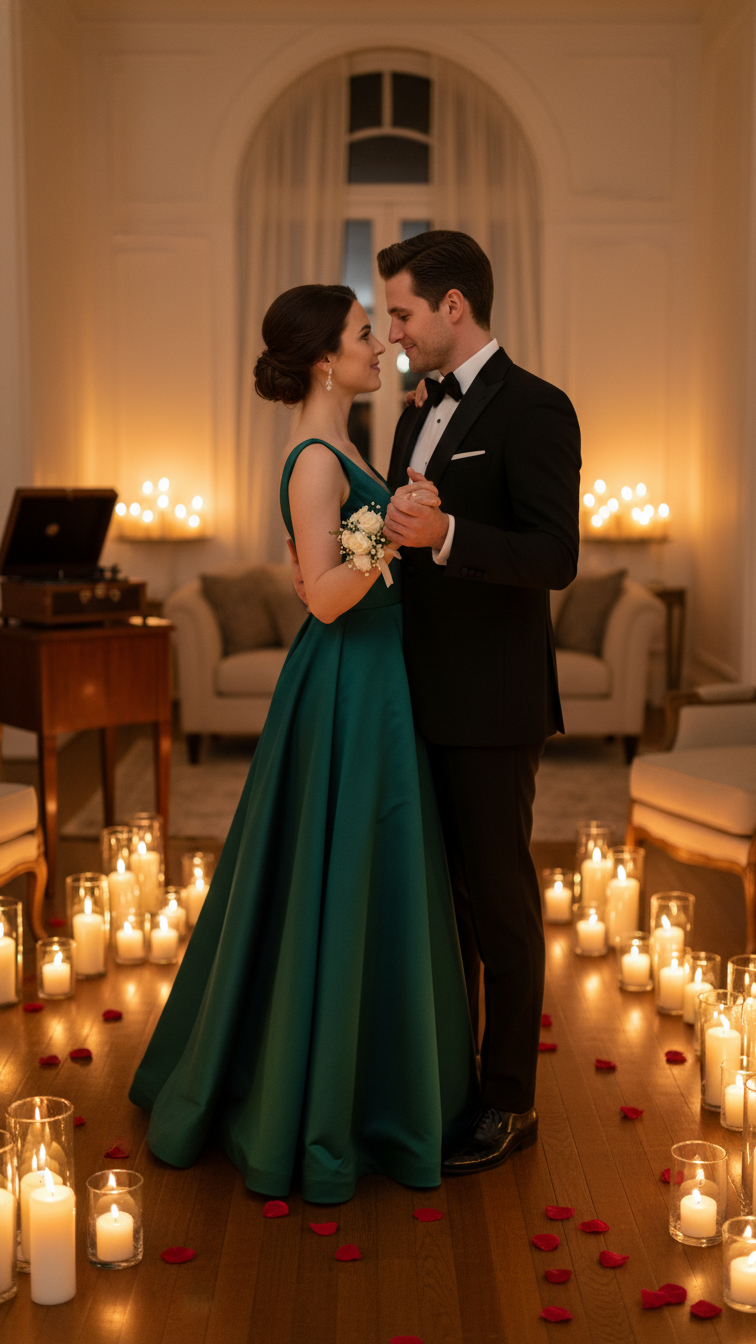 Formally dressed couple slow dancing in candlelit living room for elegant romantic evening
