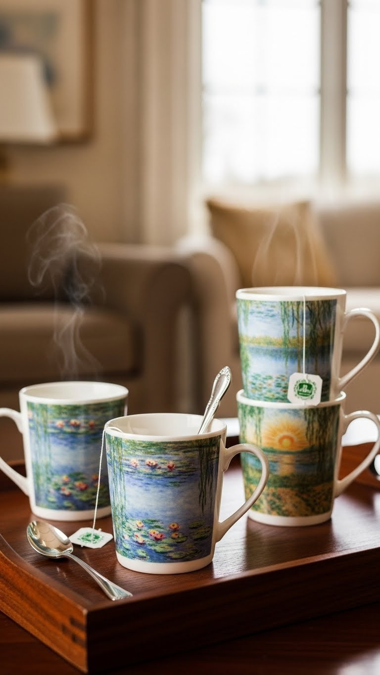 Four elegant fine bone china Monet mugs featuring different Claude Monet paintings arranged on dark wood with silver spoon and tea bag.