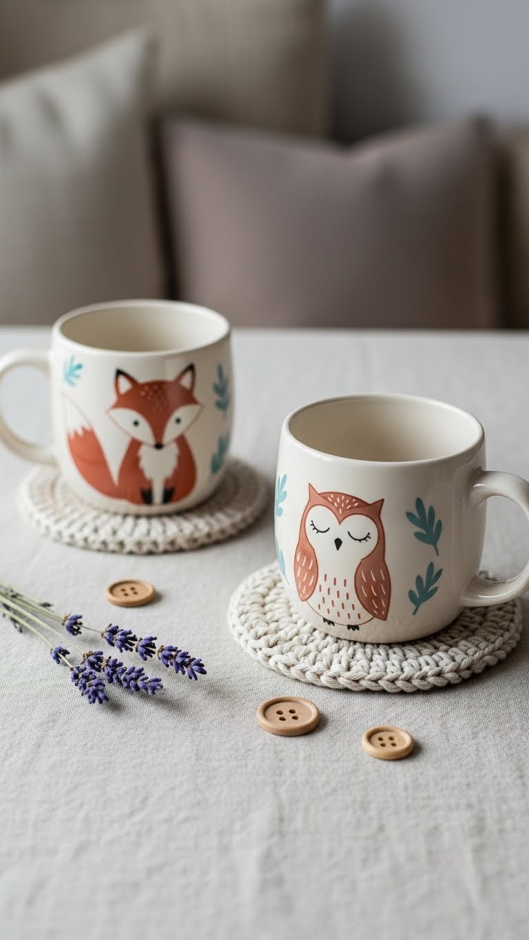 Fox and owl illustration ceramic mugs in earthy tones arranged on linen tablecloth with dried lavender accents
