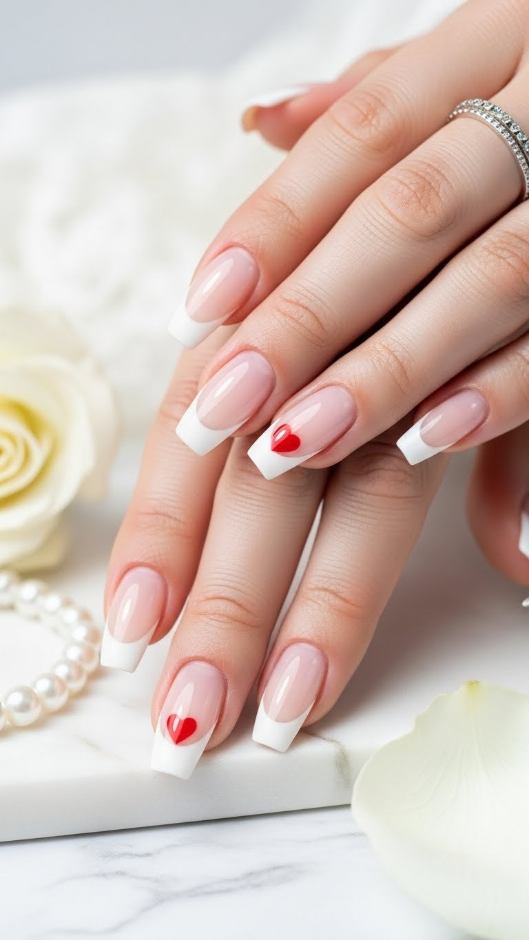 French tip Valentine's gel nails with crisp white tips and red heart accent on polished marble surface