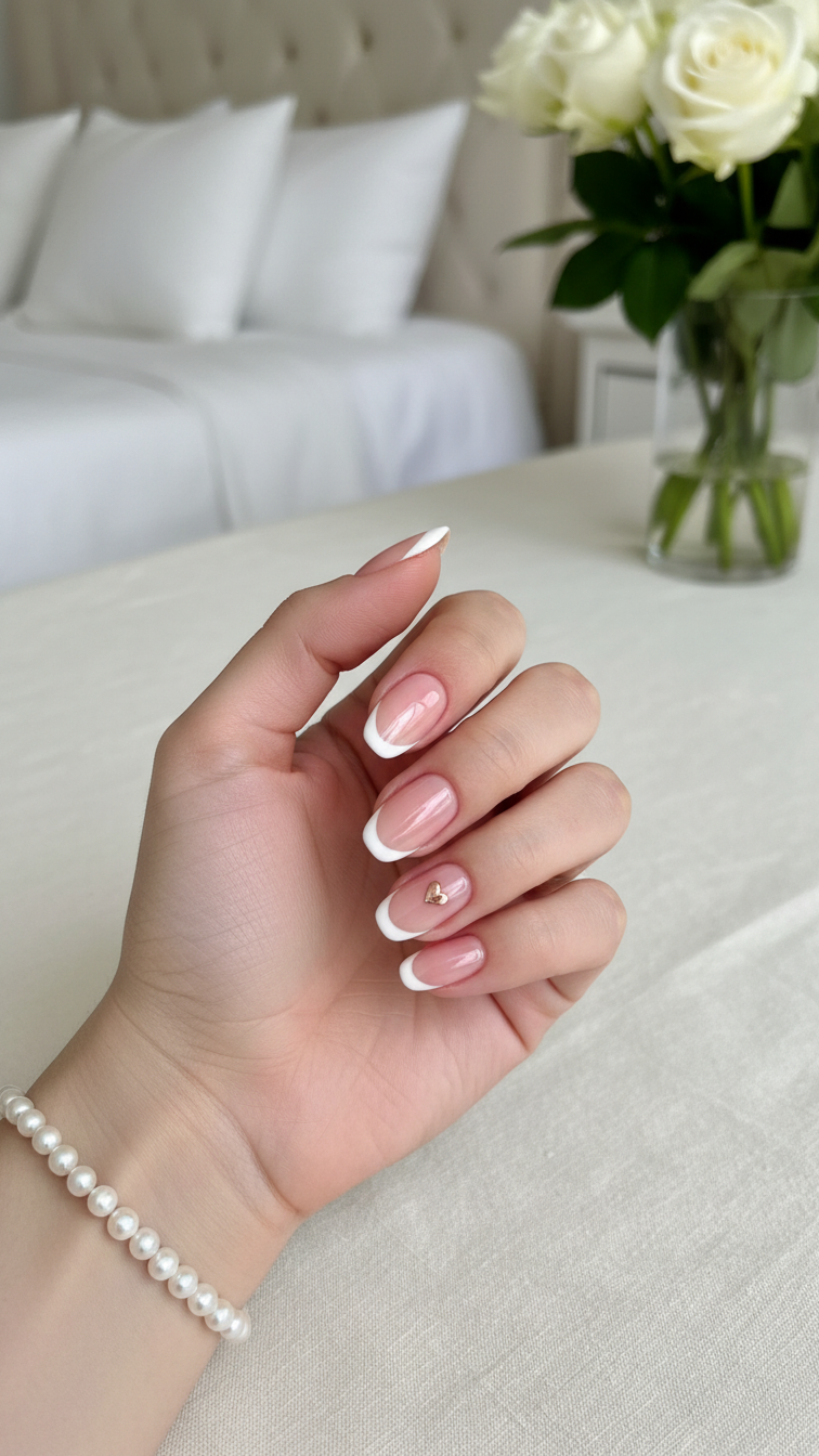 French tip nails with subtle love detail on oval-shaped nails against creamy white linen