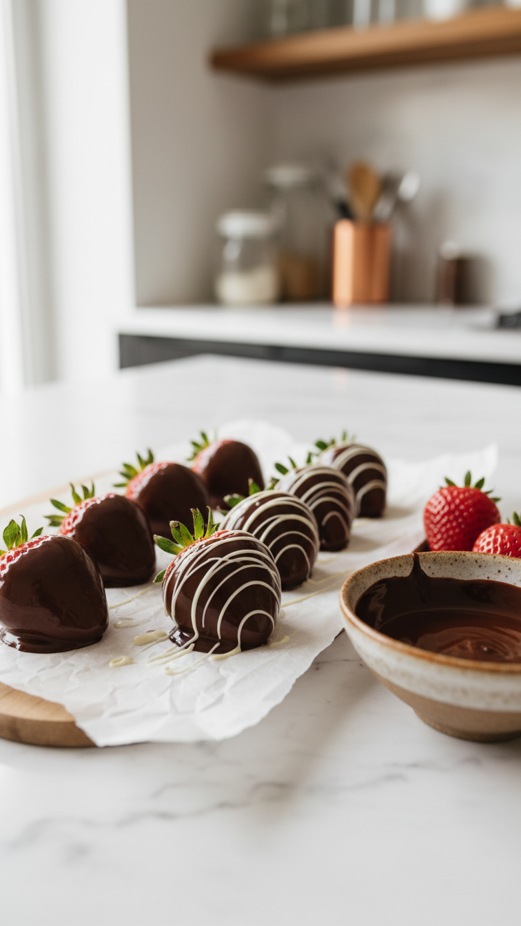 Fresh chocolate-dipped strawberries with white chocolate drizzle on marble countertop in soft natural lighting