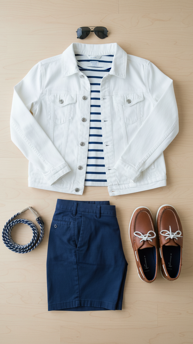 Fresh nautical summer flat lay with white jean jacket, striped tee, navy shorts, and boat shoes
