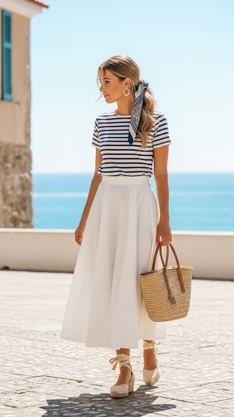 Fresh summer outfit featuring white long skirt with navy striped top and espadrilles on coastal patio