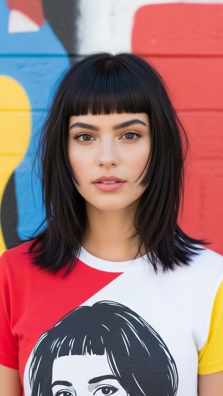 Frontal close-up of playful Hime cut hairstyle with blunt cheek-length bangs and geometric fringe framing the face