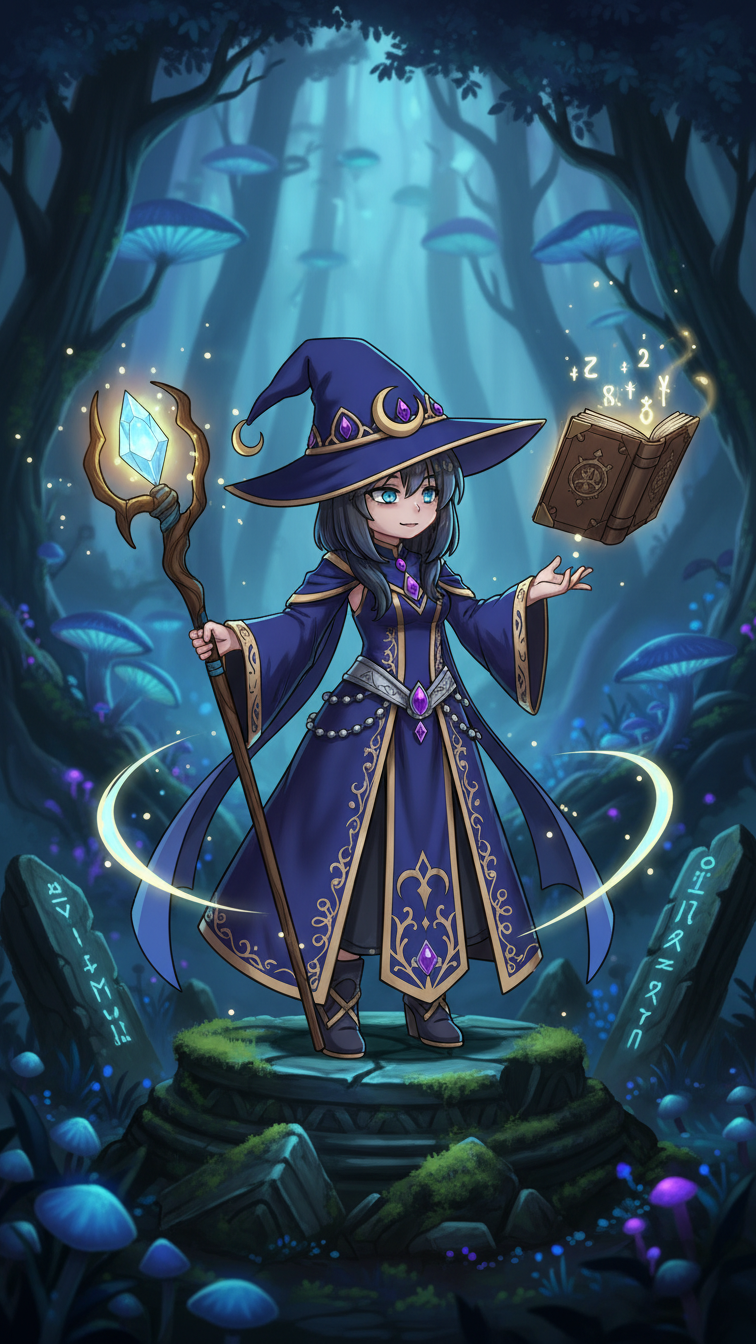 Full-body shot of Gacha character in magical fantasy mage attire with flowing robe, staff, and mystical forest setting