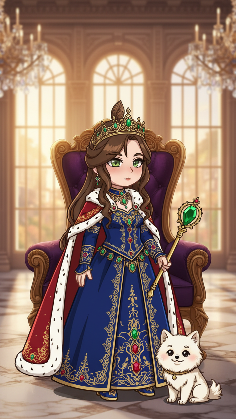 Full-body shot of Gacha character in royal elegance attire with opulent gown, crown, and grand palace interior setting