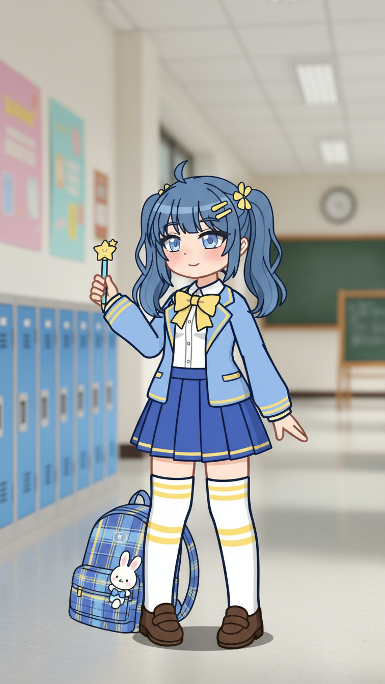 Full-body shot of Gacha character in vibrant kawaii school uniform with pleated skirt, blazer, and cute accessories in classroom