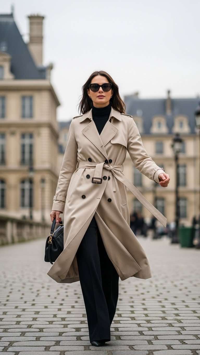 Full-body shot of woman in a classic beige trench coat over black turtleneck, walking on a European-style city street