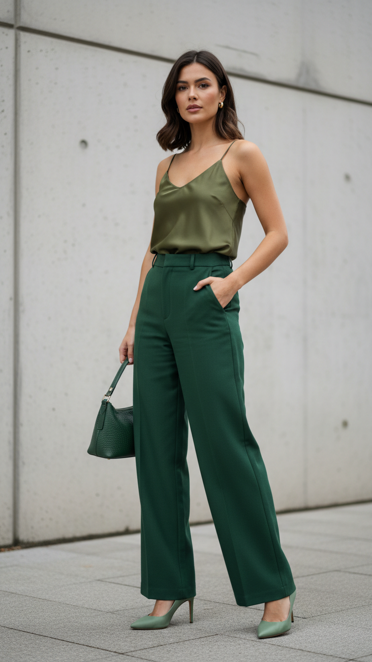 Full monochromatic green outfit with olive silk camisole and forest green trousers against minimalist urban wall