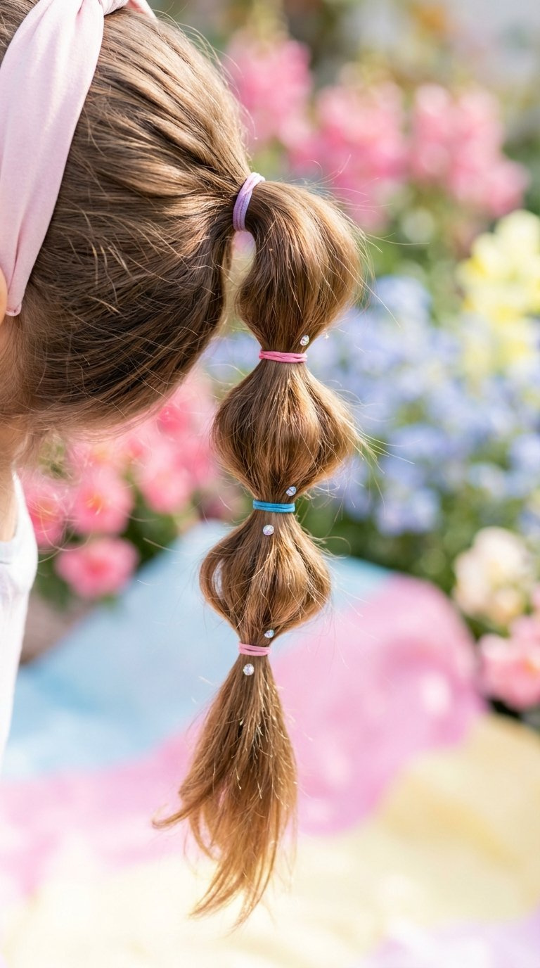 Fun bubble ponytail hairstyle featuring playful segmented voluminous bubbles with colorful elastic bands