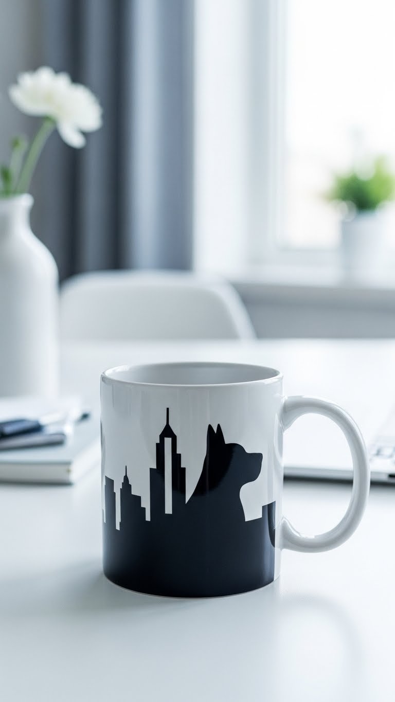 Fun silhouette painted ceramic mug featuring crisp black city skyline design on minimalist white breakfast table