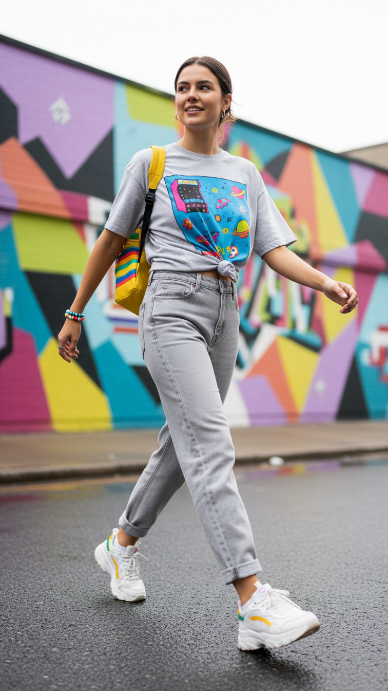 Fun street style outfit with retro graphic tee and light grey mom jeans against colorful mural wall