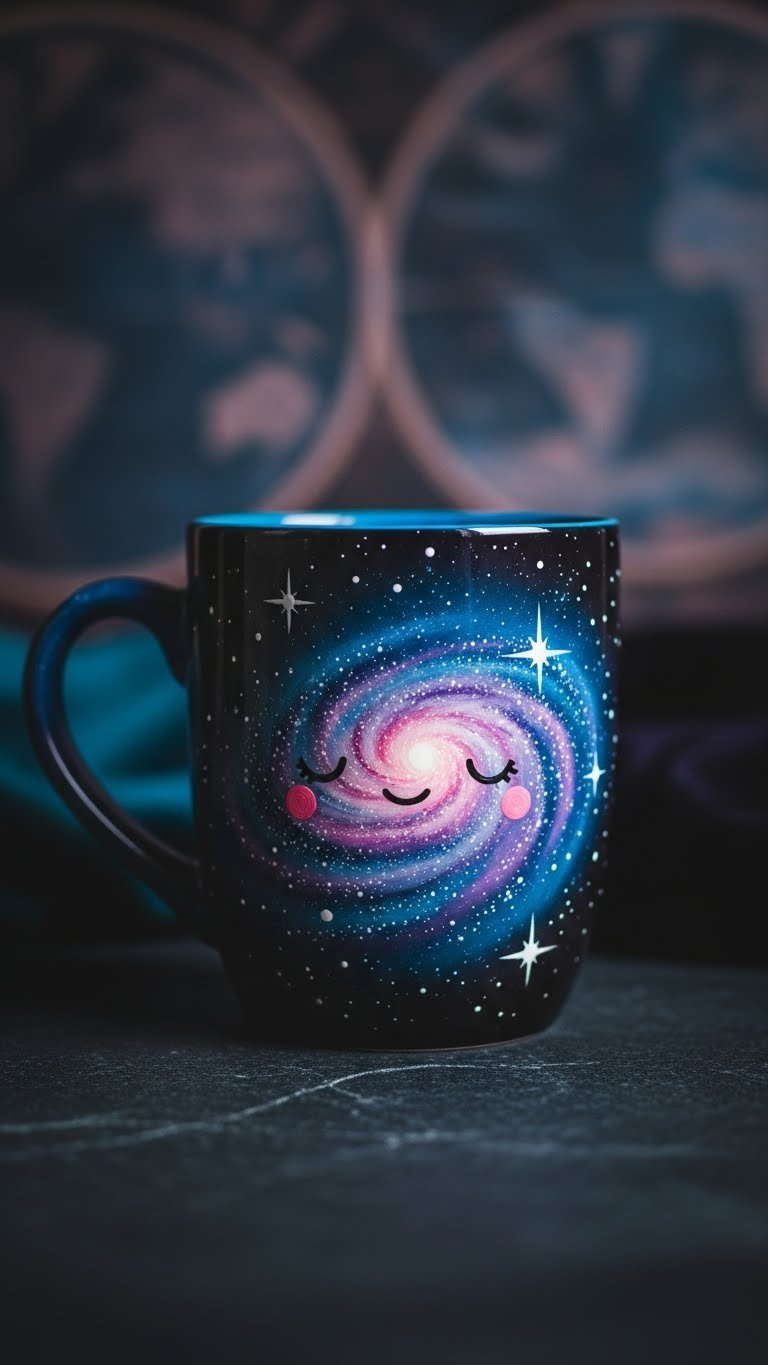 Galaxy night scene painted mug with swirling cosmic design on dark textured stone surface