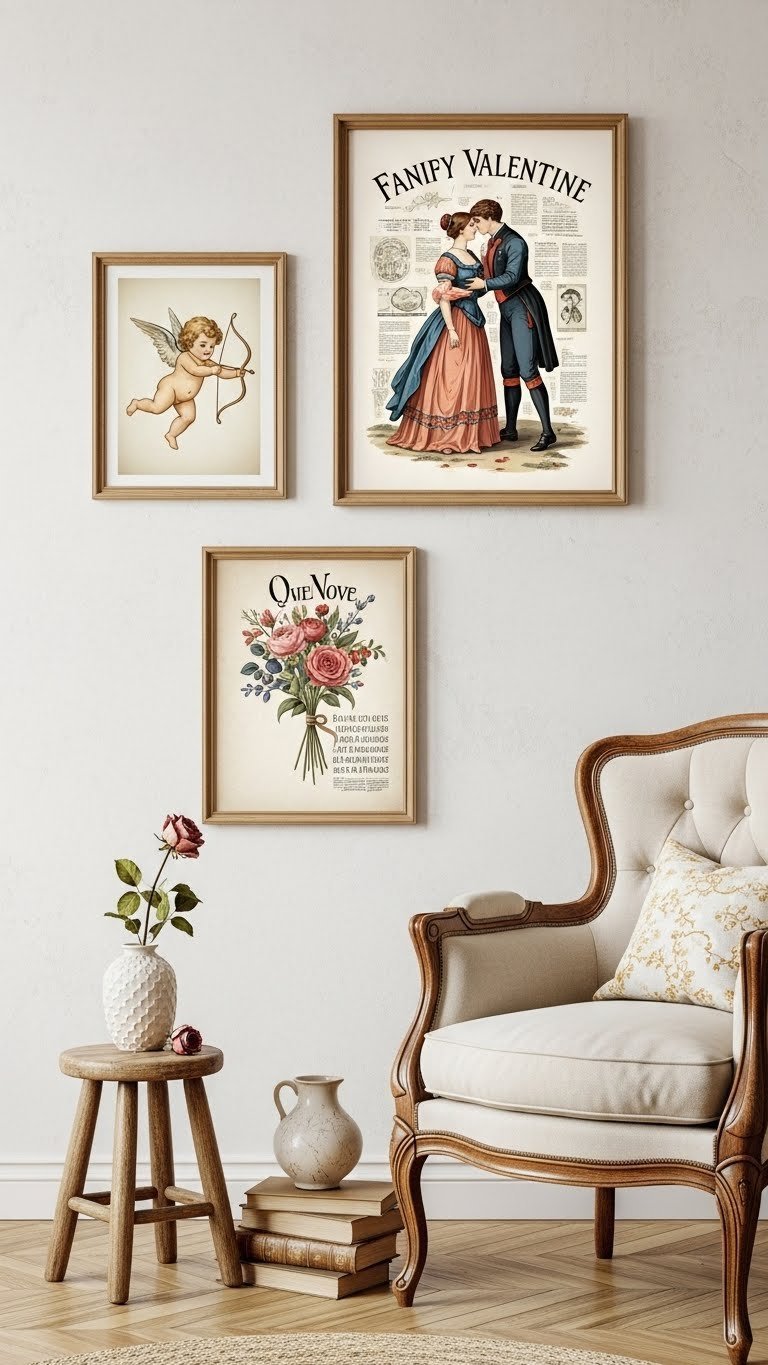 Gallery wall display of vintage valentine art prints with cupid illustration and Victorian couple in antique frames