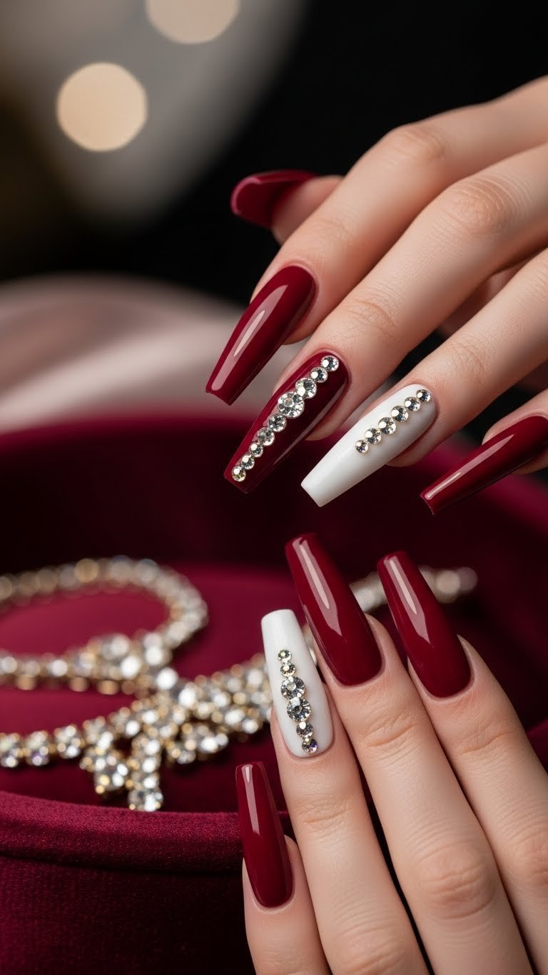 Gemstone embellished stiletto nails with sparkling rhinestones on deep burgundy base color