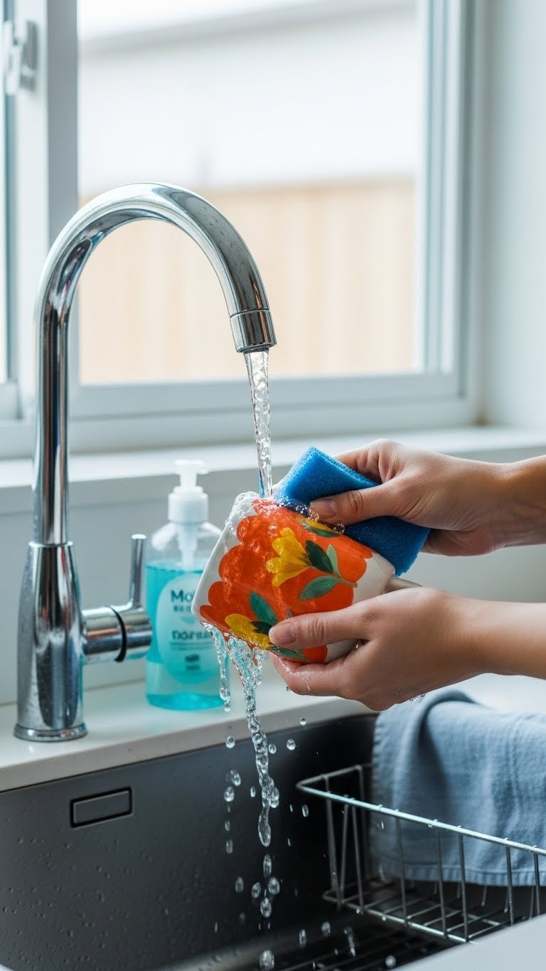 Gentle hand washing vibrant orange painted ceramic mug under kitchen sink water stream with soft sponge