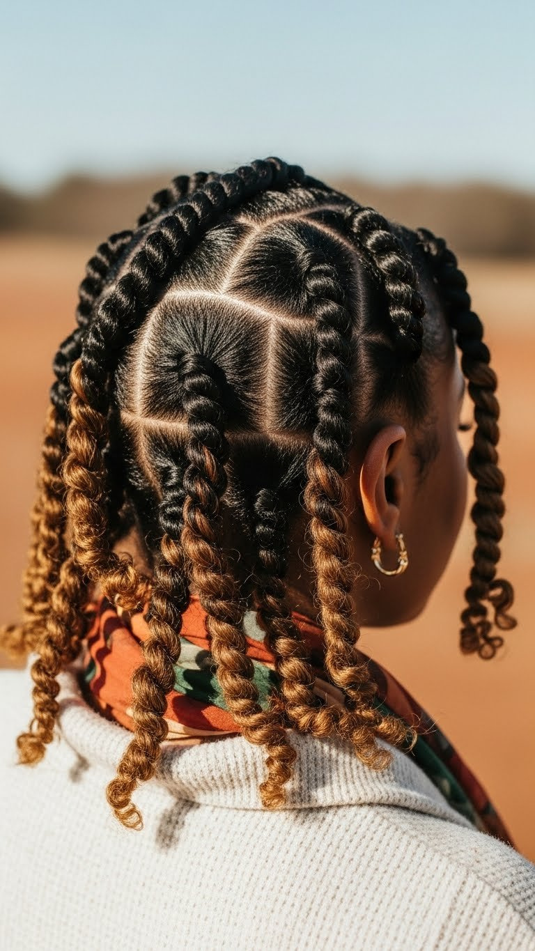 Gentle two-strand twists on natural coily hair showcasing intricate patterns and healthy sheen in earthy tones.
