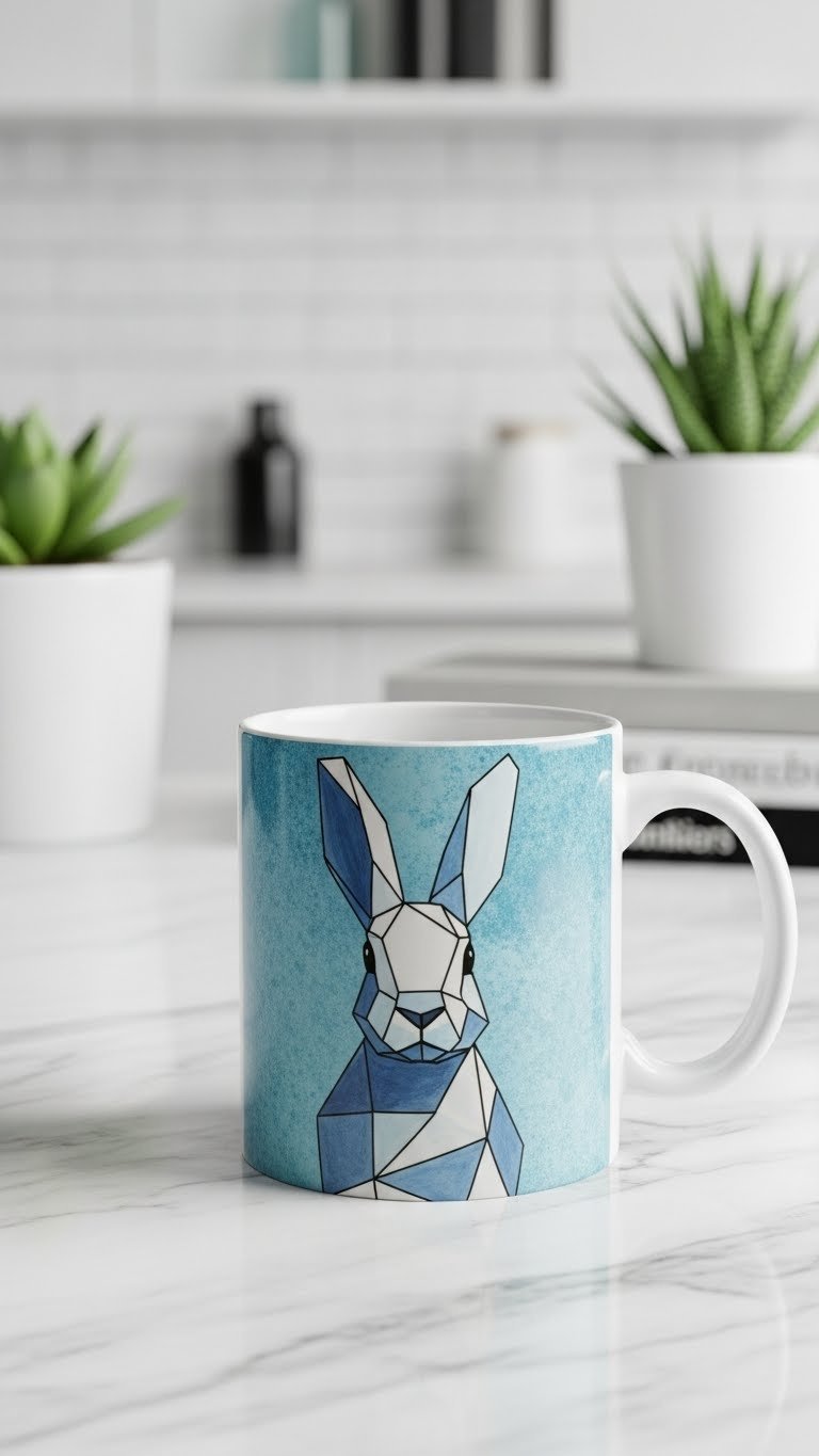 Geometric abstract bunny art painted ceramic mug on marble countertop with modern minimalist interior design