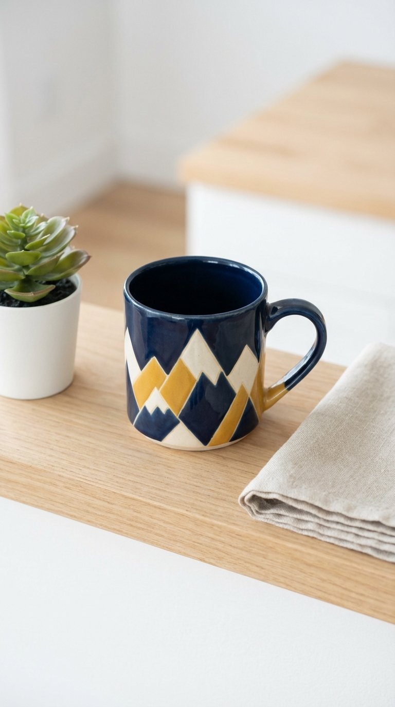 Geometric mountain peaks mug in contrasting colors arranged in clean flat lay composition