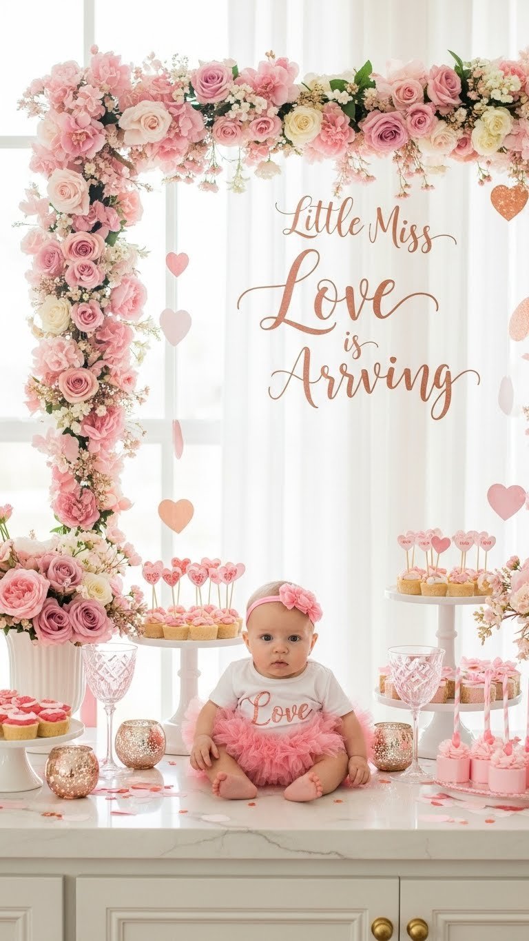 Girl's Valentine's baby shower setting with soft pink floral arrangements and rose gold accents
