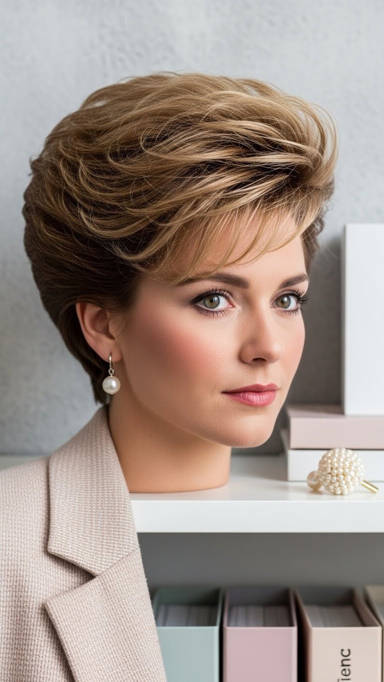 Glamorous 80s power suit hair with voluminous swept-back style and pearl earring detail