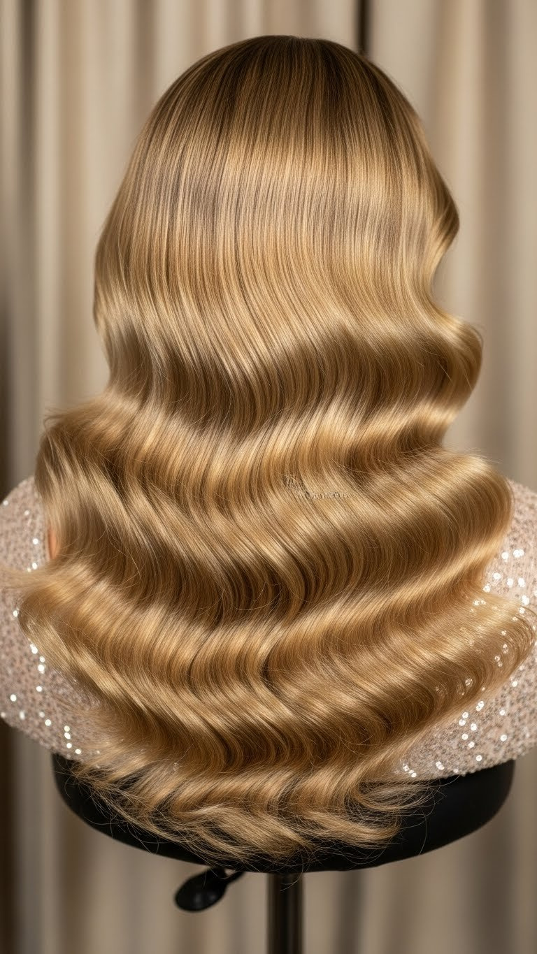 Glamorous Hollywood waves hairstyle with sculpted shiny waves flowing to one side against velvet curtain backdrop