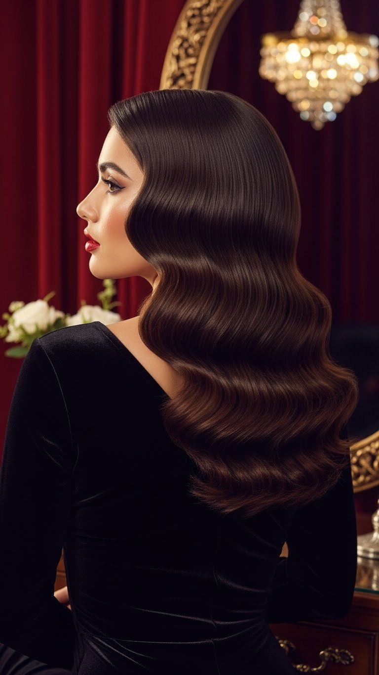 Glamorous Old Hollywood waves on medium length Latina hair with sculpted vintage red-carpet appeal